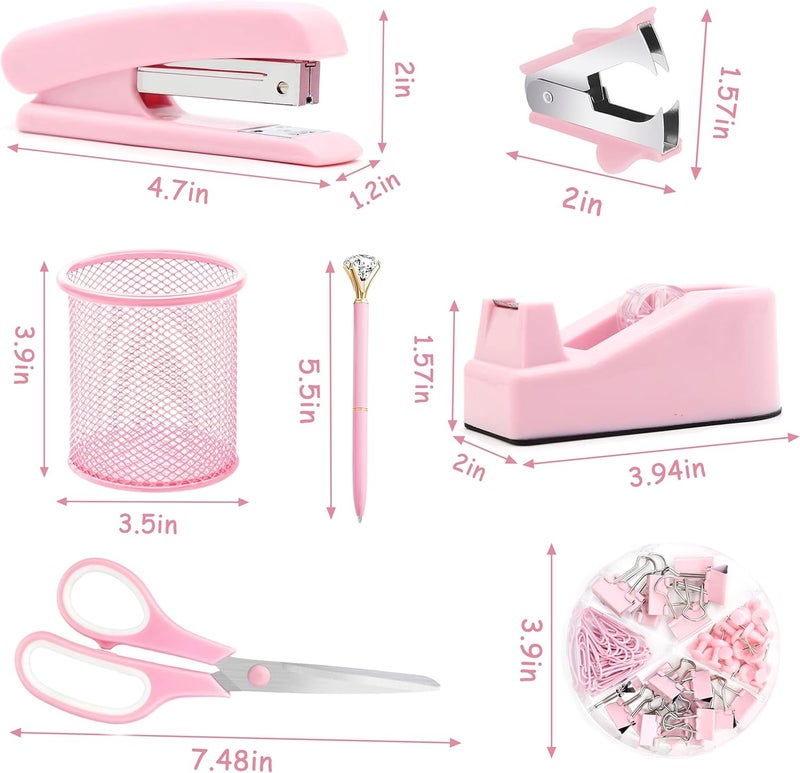 Famassi Pink Office Supplies, Pink Desk Accessories, Stapler, Staple Remover, Tape Holder, Pen Holder, Ballpoint Pen, Scissor, Binder Clips, Paper Clips and 1000pcs Staples. - Image 2